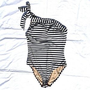 J Crew Swimsuit One Shoulder One Piece Black White Striped